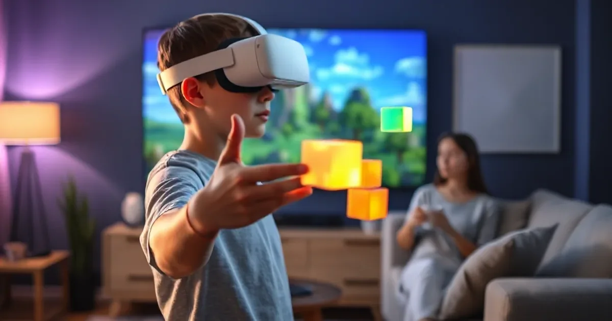 Майнкрафт VR дома: подросток в шлеме строит из светящихся кубов, мама отдыхает на диване