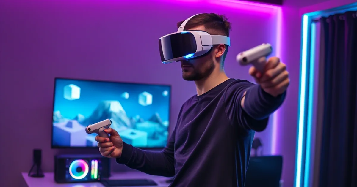 Майнкрафт VR на ПК: шлем подключён к компьютеру, на мониторе — тот же кубический мир