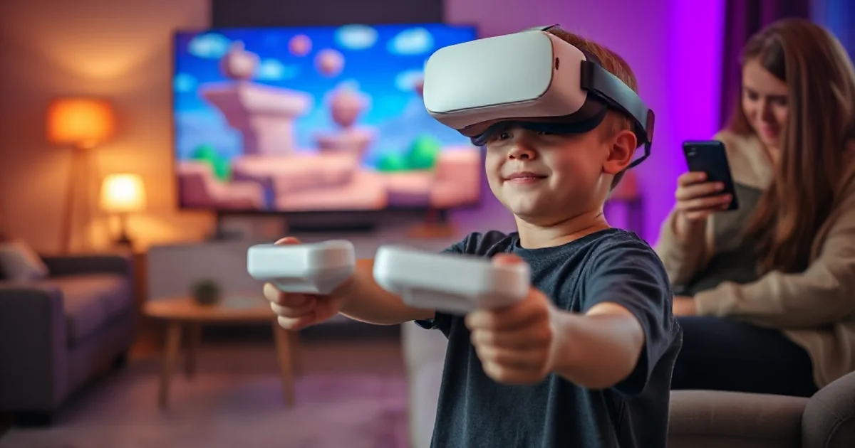 Родительский контроль в Roblox: сын играет в VR-шлеме, мама рядом настраивает его аккаунт в телефоне