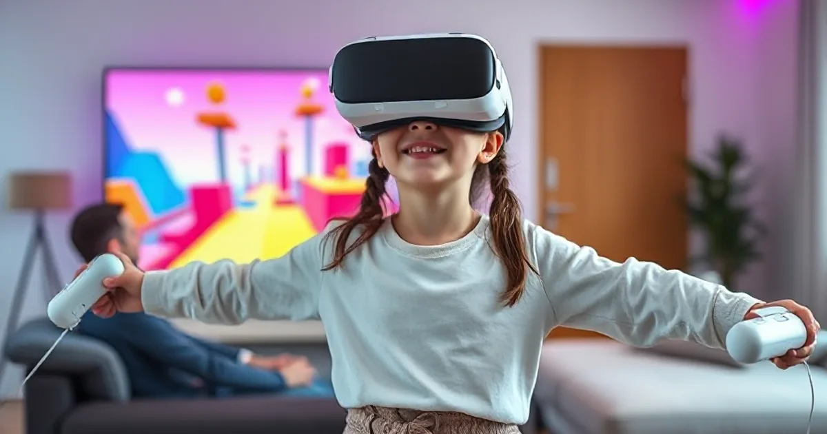 Роблокс VR на Quest 3: девочка 11 лет проходит полосу препятствий в шлеме, папа смотрит