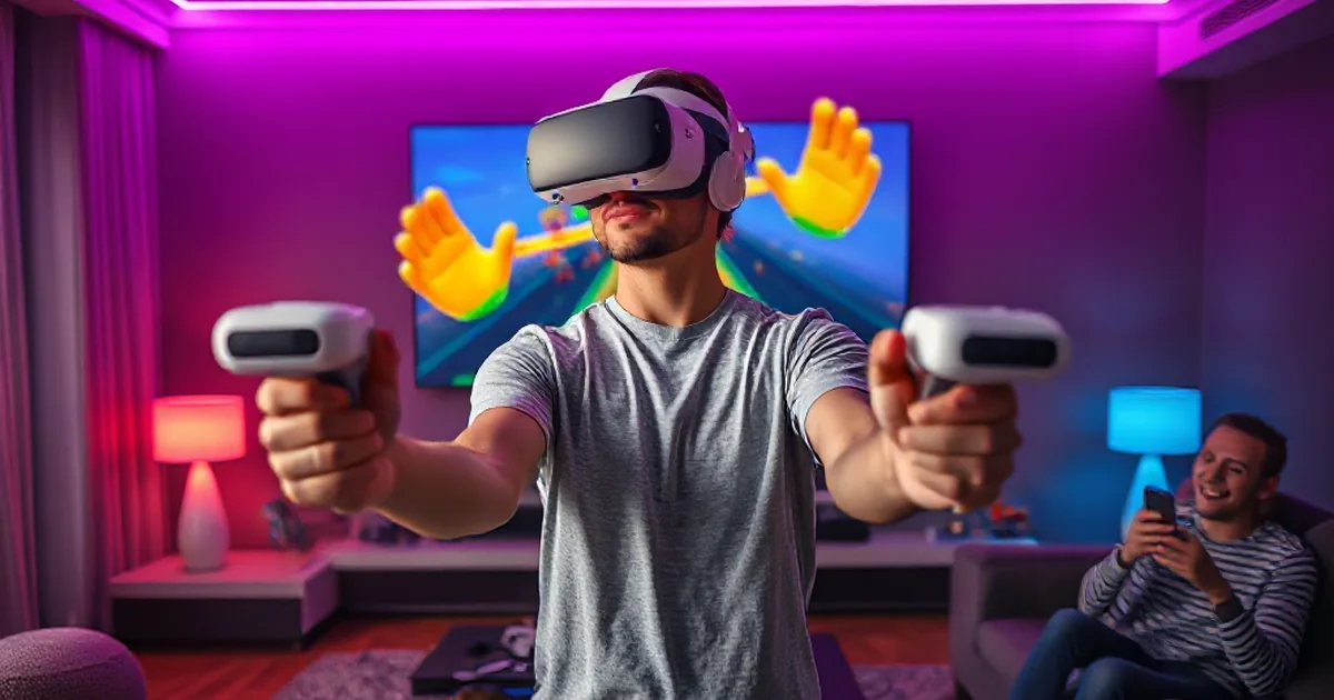 Roblox VR руки: игрок в шлеме управляет огромными руками, на телевизоре — та же игра, друг на диване смеётся