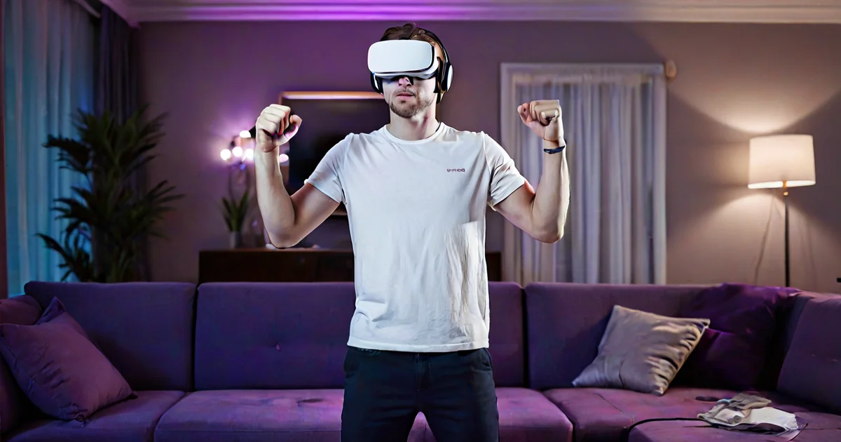 VR-бокс дома: игрок в шлеме Quest 3 проводит раунд, друзья болеют с дивана