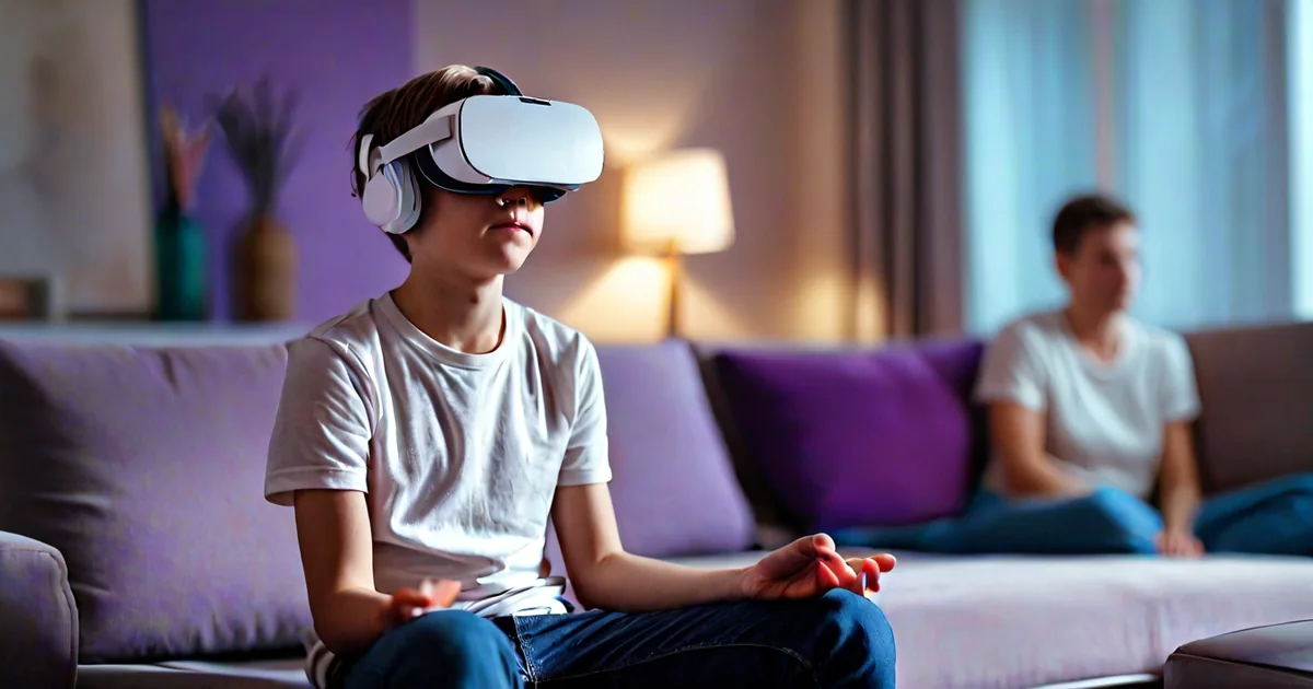 VR для детей: мальчик 11 лет играет в шлеме, мама рядом присматривает
