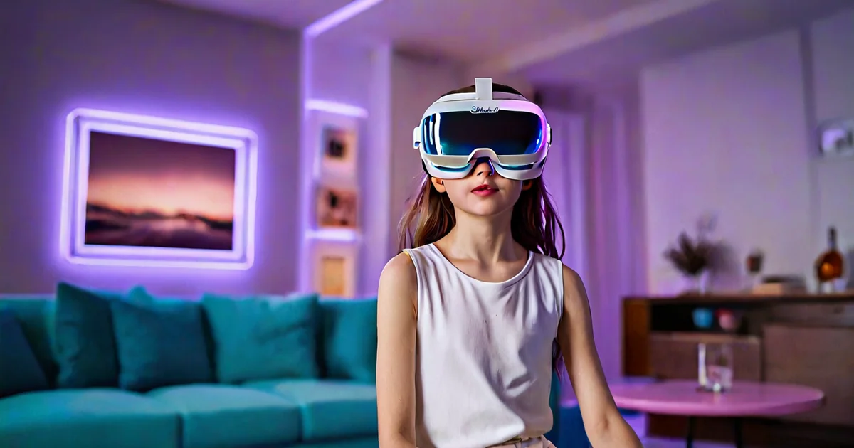 Виртуальная реальность для детей 10+: девочка играет в VR дома, папа смотрит