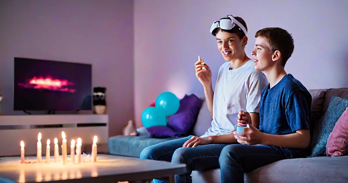 VR на день рождения подростка: именинник играет в шлеме, друзья смотрят на телевизоре
