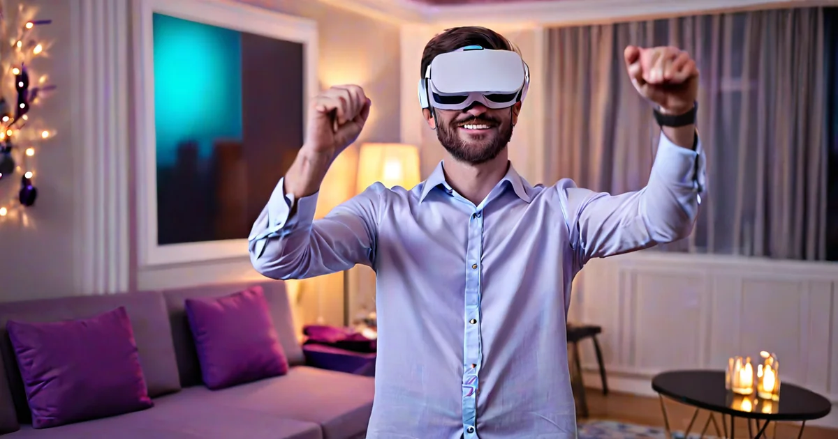 VR в подарок: парень впервые пробует шлем, девушка, которая его подарила, смотрит рядом