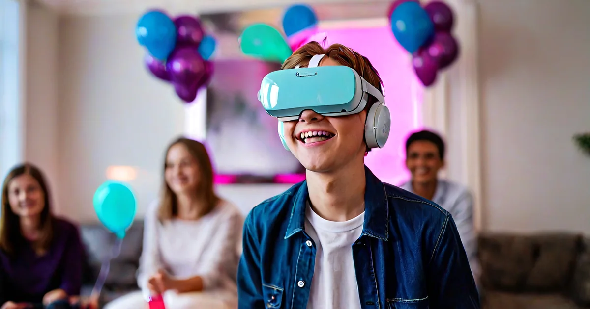 Чем занять детей на дне рождения: именинник играет в VR, друзья смотрят на экран и болеют